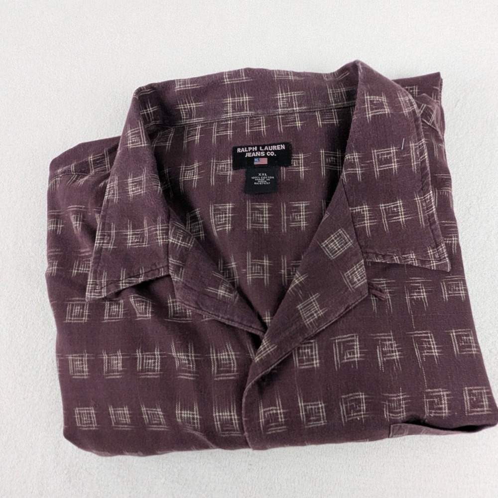 Ralph Lauren Jeans Co Mens XXL Burgundy Geometric Grid Cotton Short Sleeve Shirt - Picture 5 of 9
